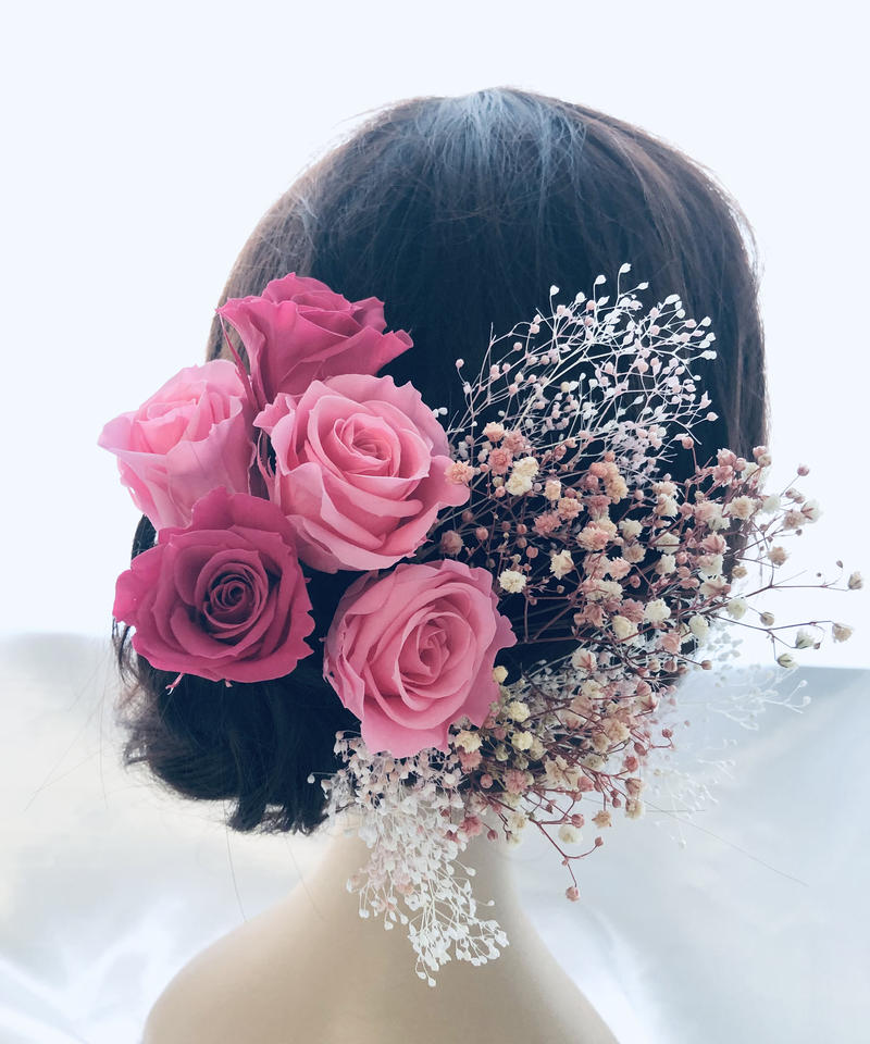 ヘッドドレス 髪飾りプリザーブドフラワー ウェディング 前撮り和装 ピンクの薔薇 世都華