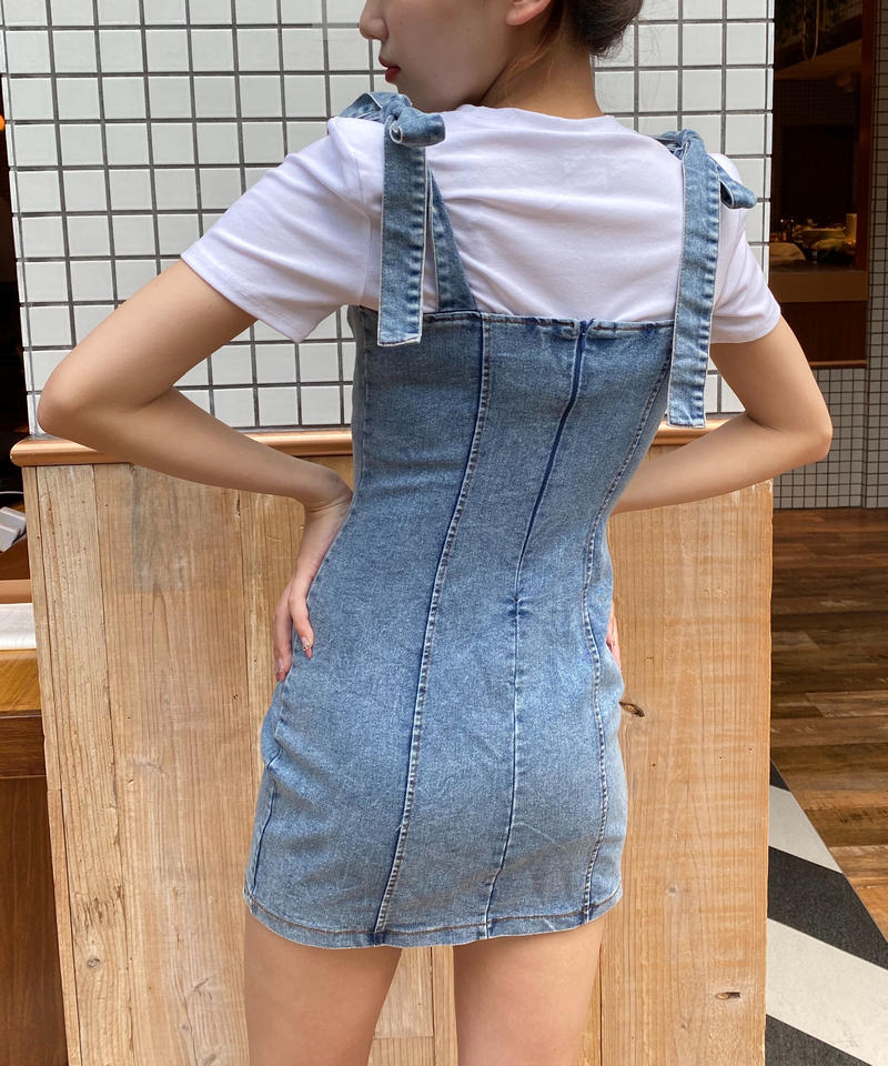 即納品 ショルダーリボンハートネックデニムワンピース 712 Luce Popo