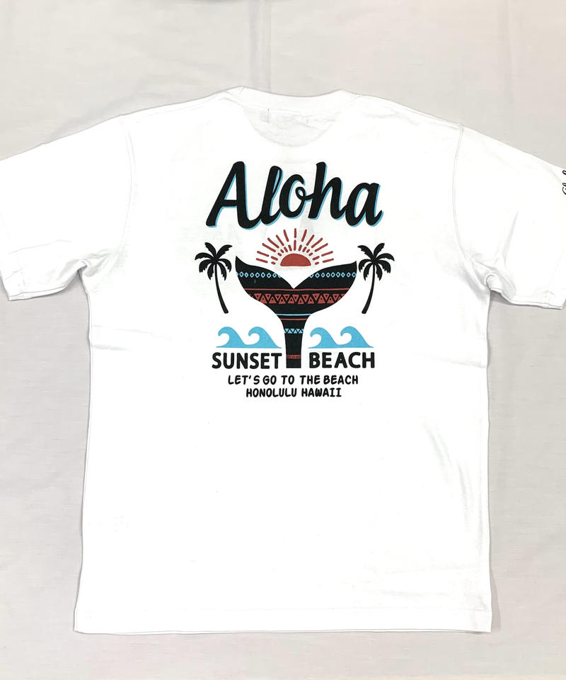 ハワイアン柄tシャツ ホワイト サンセットビーチ メンズサイズ バックプリント 常夏アロ