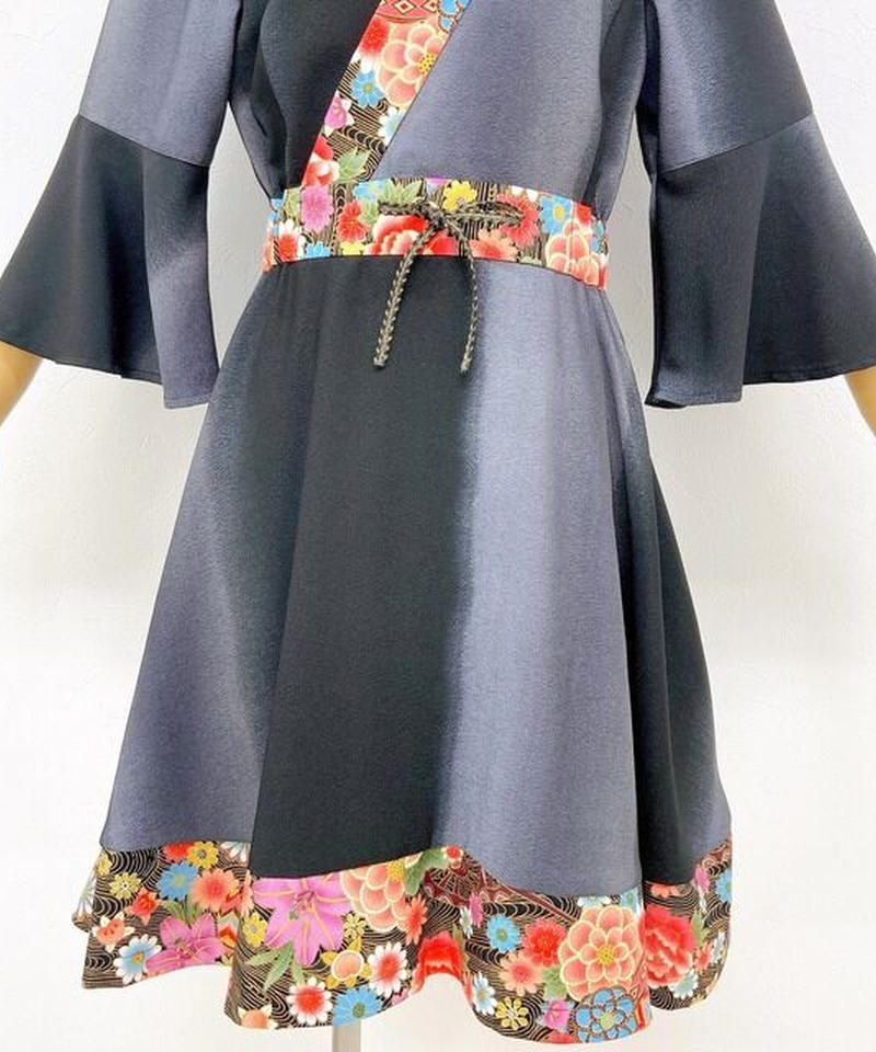 Despair 着物襟 和柄切り替えちりめんワンピース レトロ花と川 Op 1342mb
