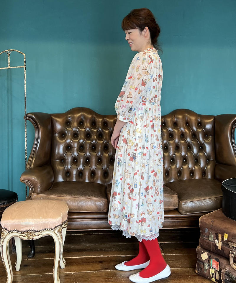 M 春テキスタイルワンピース コラージュ柄 4にゃんず柄 Yukiemon