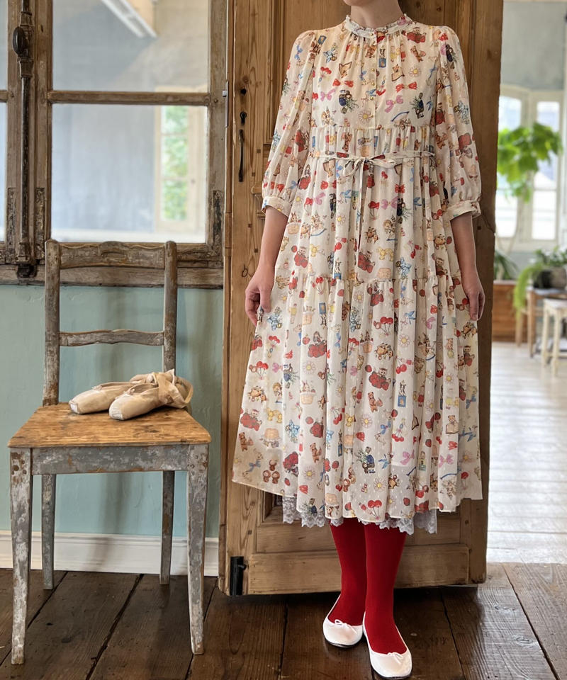 3l 春テキスタイルワンピース コラージュ柄 4にゃんず柄 Yukiemon