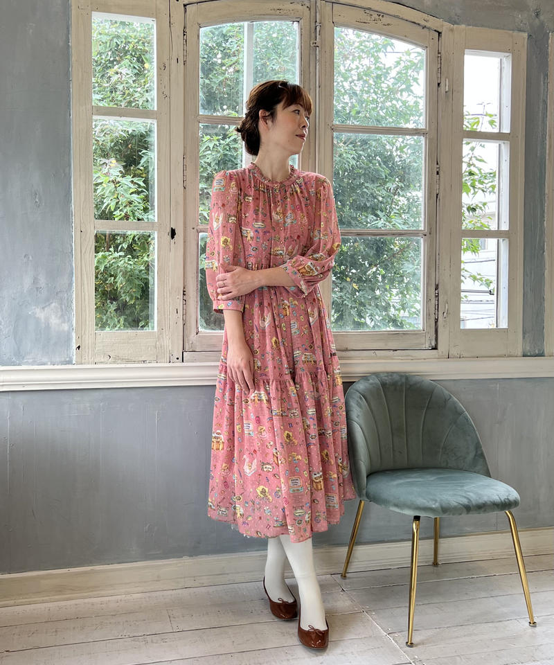 M 春テキスタイルワンピース コラージュ柄 4にゃんず柄 Yukiemon