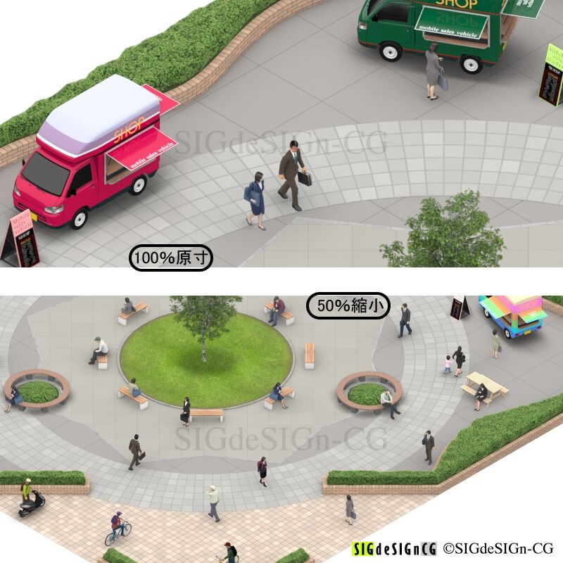 アイソメ30] キッチンカーで賑わう公園 背景透過のPNG画像 [商用CG 